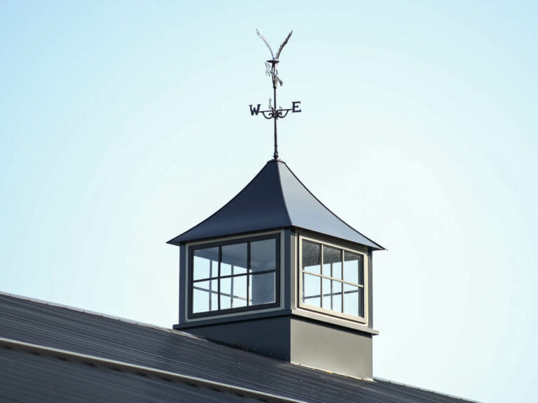 Cupola on an Ace Hardware with a shiny black G-Rib roof with clay siding