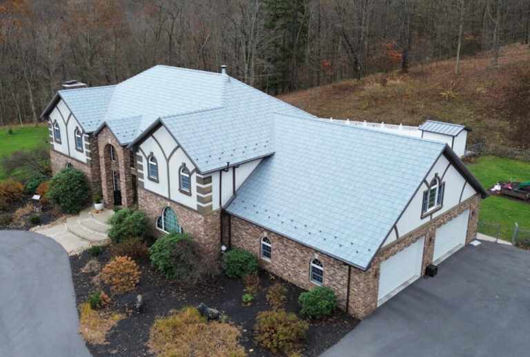 Choice Roofing Centura Premium Panels Slate Rock Blue Pebble Embossed on house